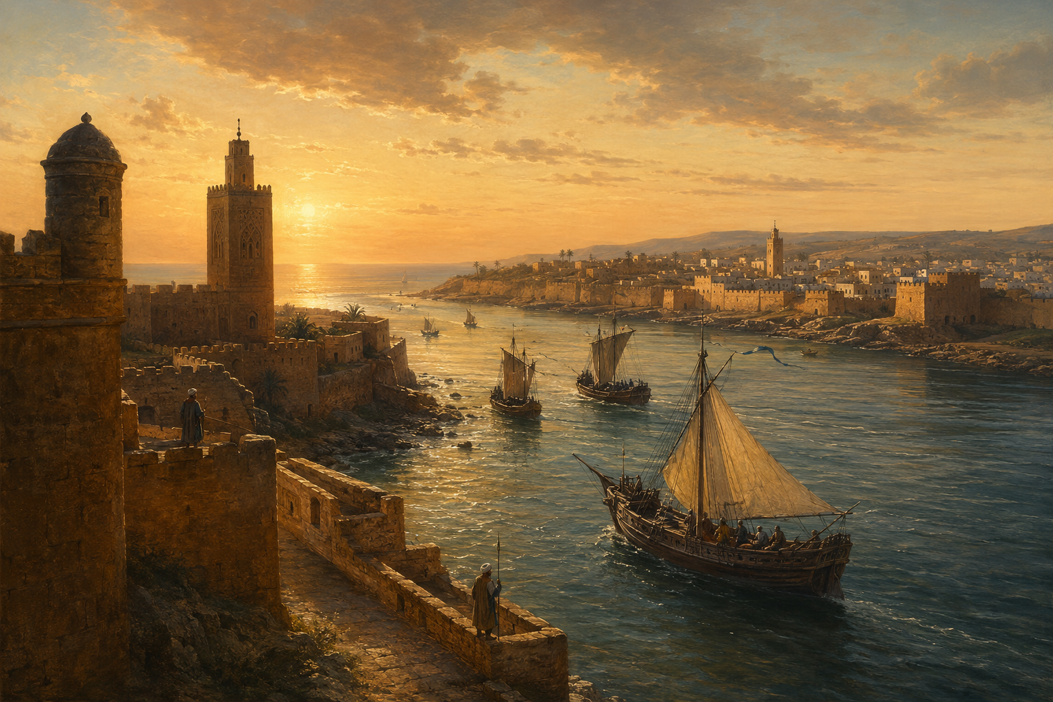 Artistic reconstruction of 17th-century corsair vessels entering the Bou Regreg between Rabat and Salé at sunset.